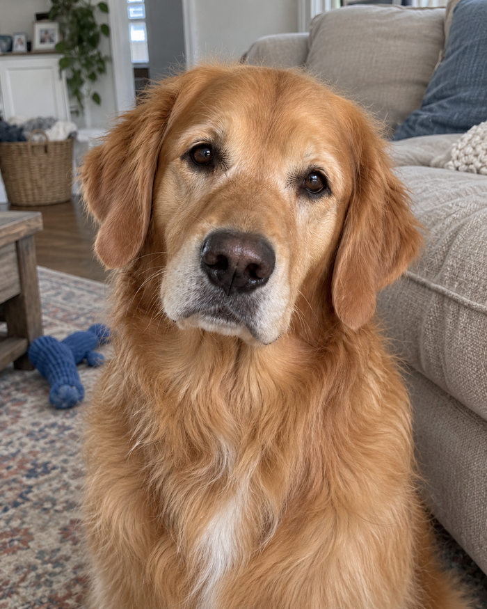 Golden retriever photo showing the pose and facial details used for the portrait