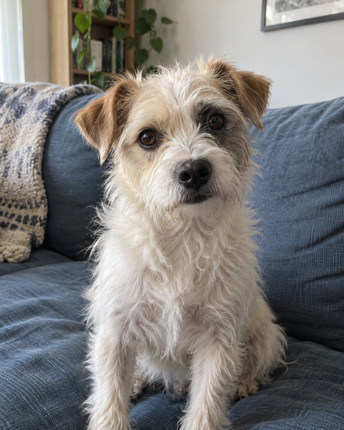 Cream terrier photo showing tan ears and a dark patch around one eye