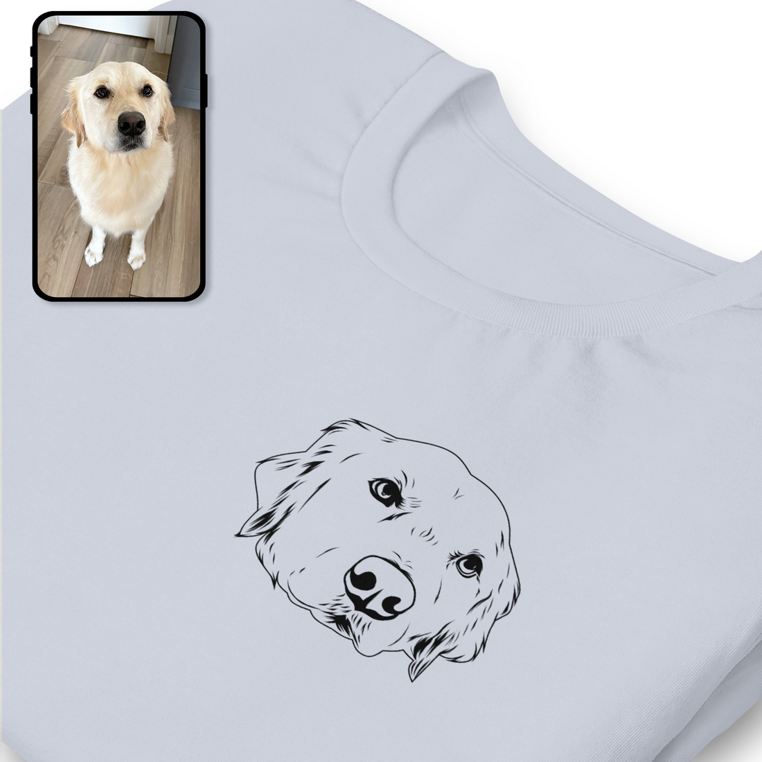 Model wearing custom line-art dog face t-shirt from Dilly Dally Dog Co