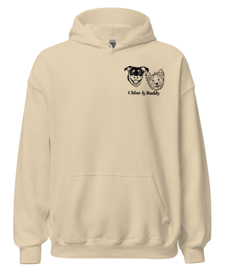 Sweat-shirt à capuche | Dessin au trait personnalisé avec DEUX visages de chien !