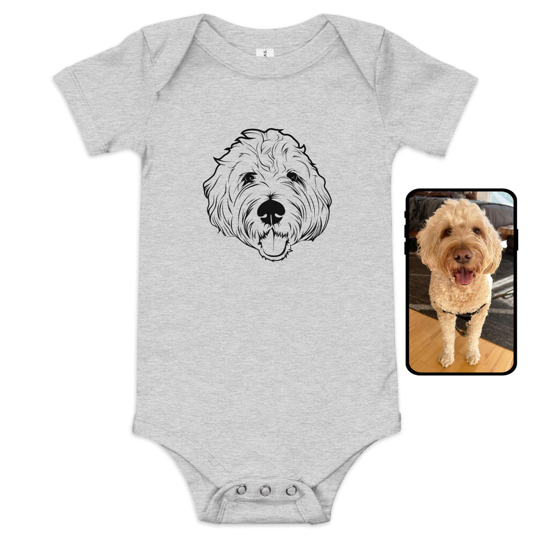 Baby onesie athletic heather with custom pet line art - personalized dog face infant bodysuit