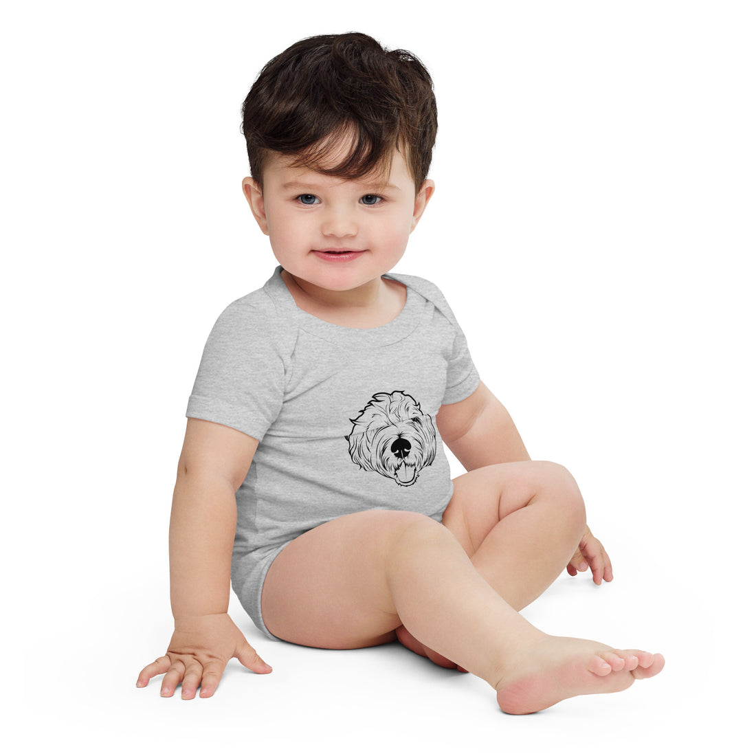 Athletic heather baby onesie with custom pet line art - personalized dog portrait infant bodysuit