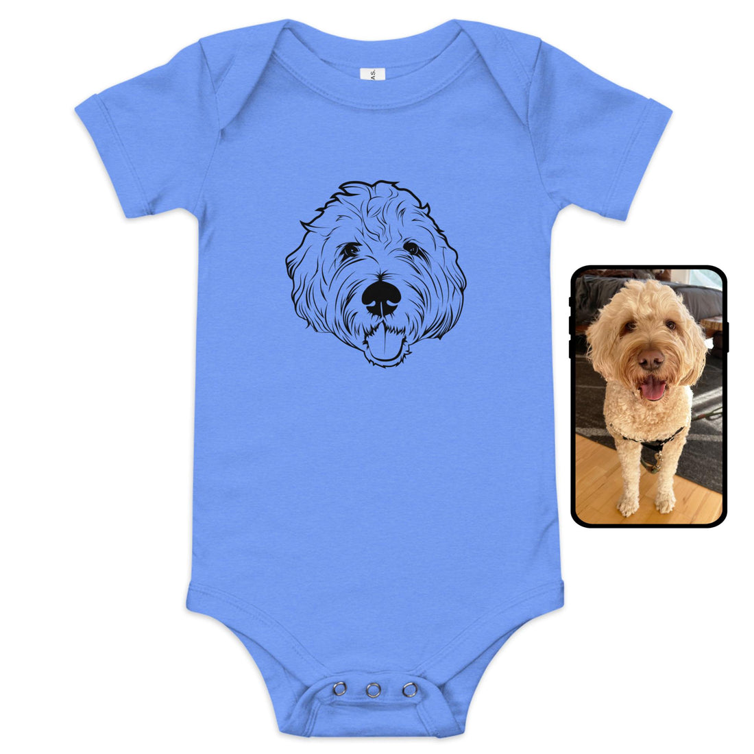 Columbia blue baby onesie with custom pet line art - personalized dog portrait infant bodysuit