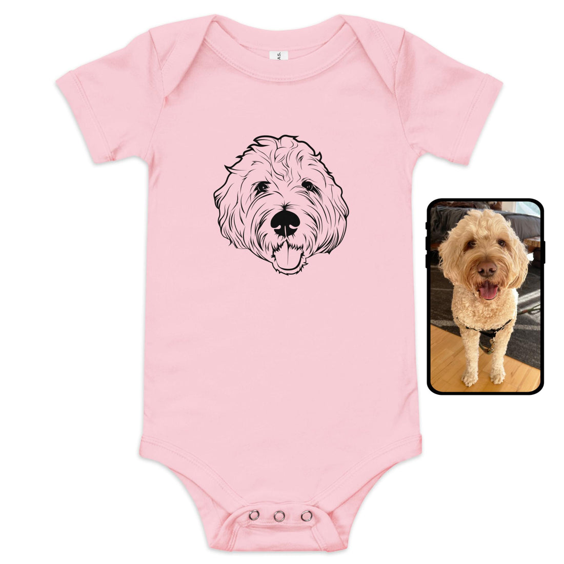 Pink baby onesie with custom pet line art - personalized dog face infant bodysuit for girls