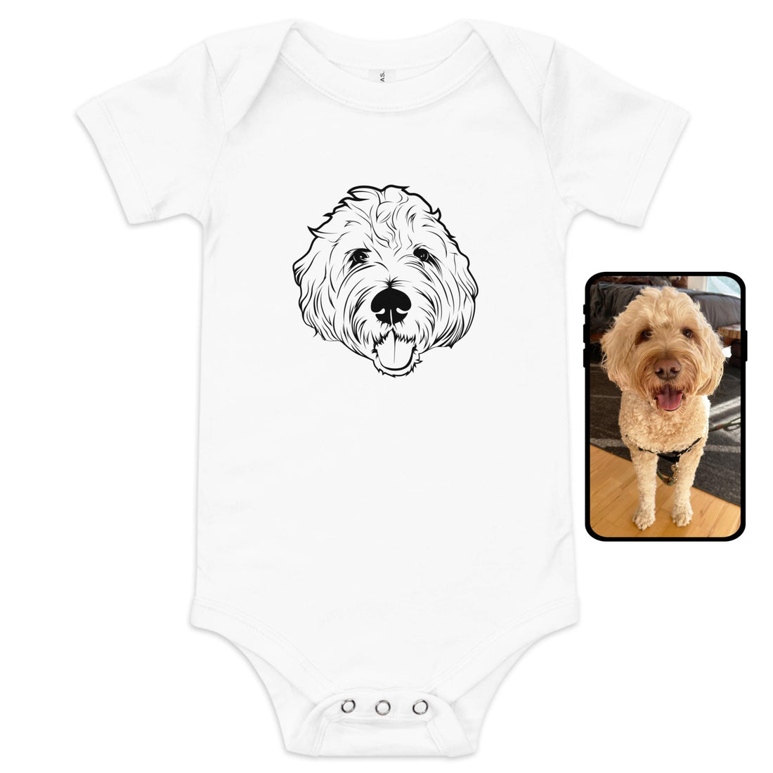 White baby onesie with custom pet line art - personalized dog portrait infant bodysuit