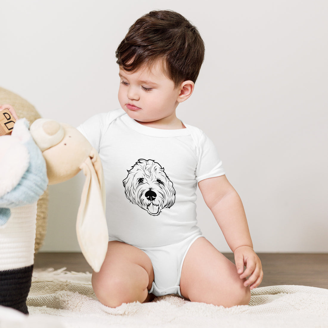 White baby onesie with custom pet line art - personalized dog portrait infant bodysuit short sleeve