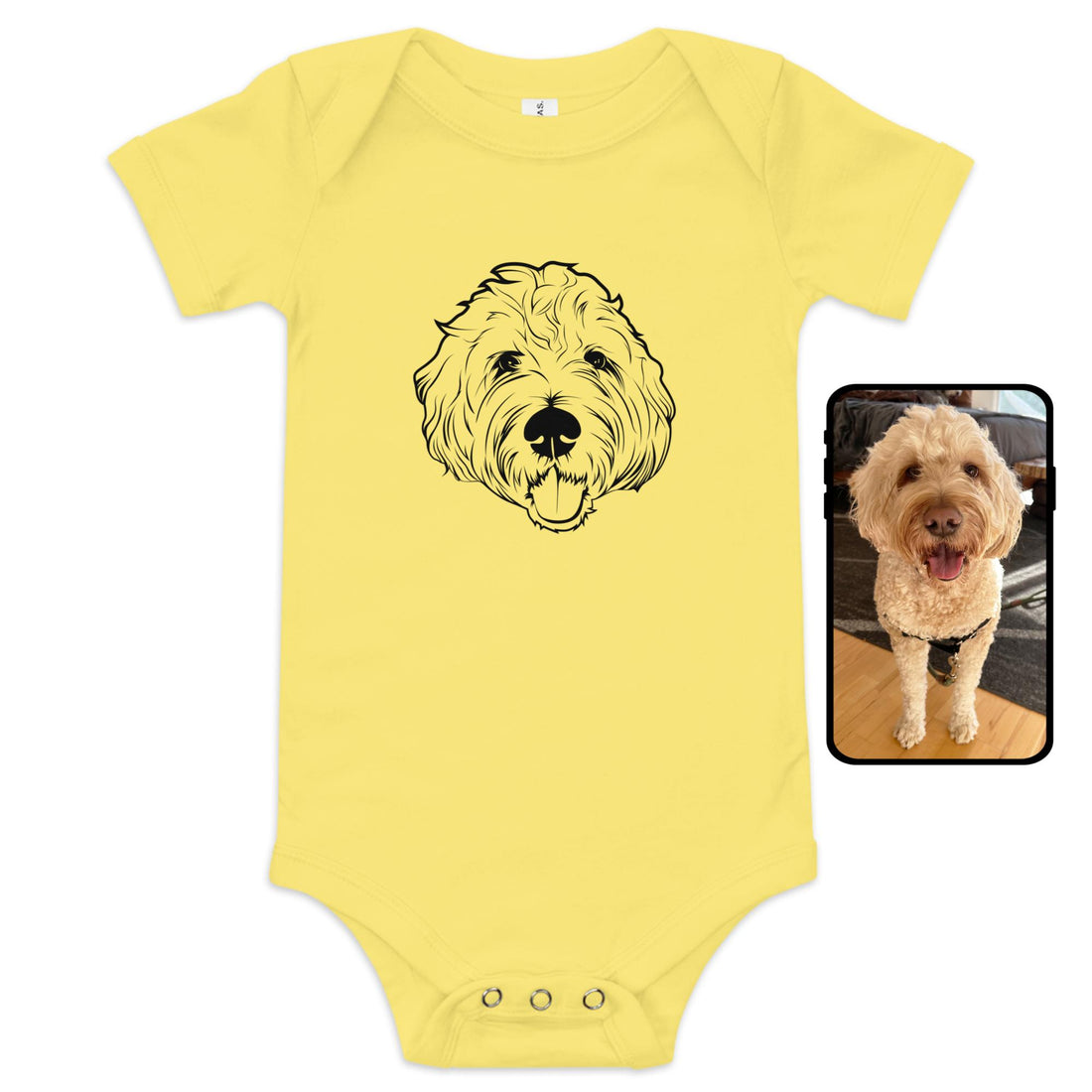 Yellow baby onesie with custom pet line art - personalized dog portrait infant bodysuit gift