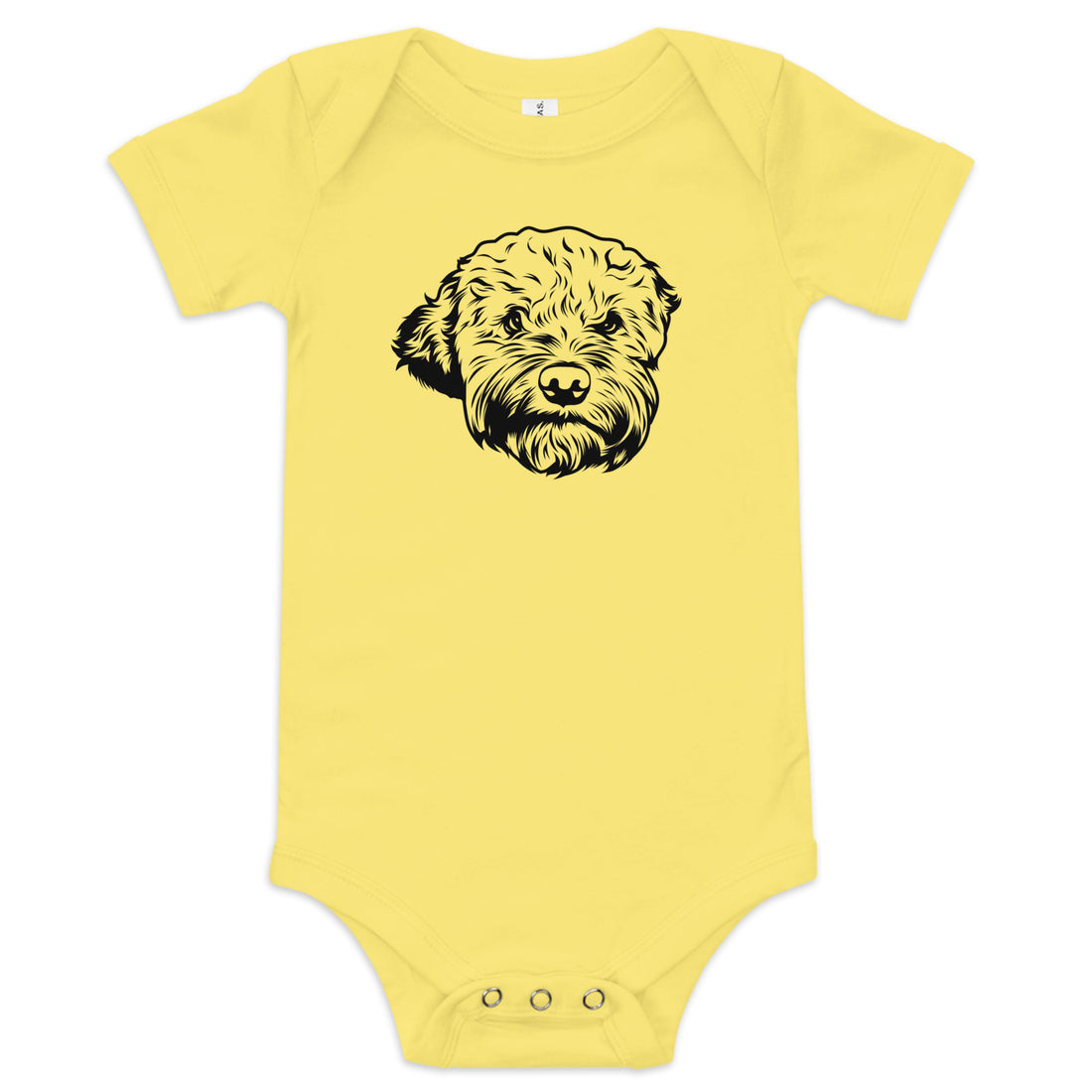Yellow baby onesie with custom pet line art - personalized dog portrait infant bodysuit