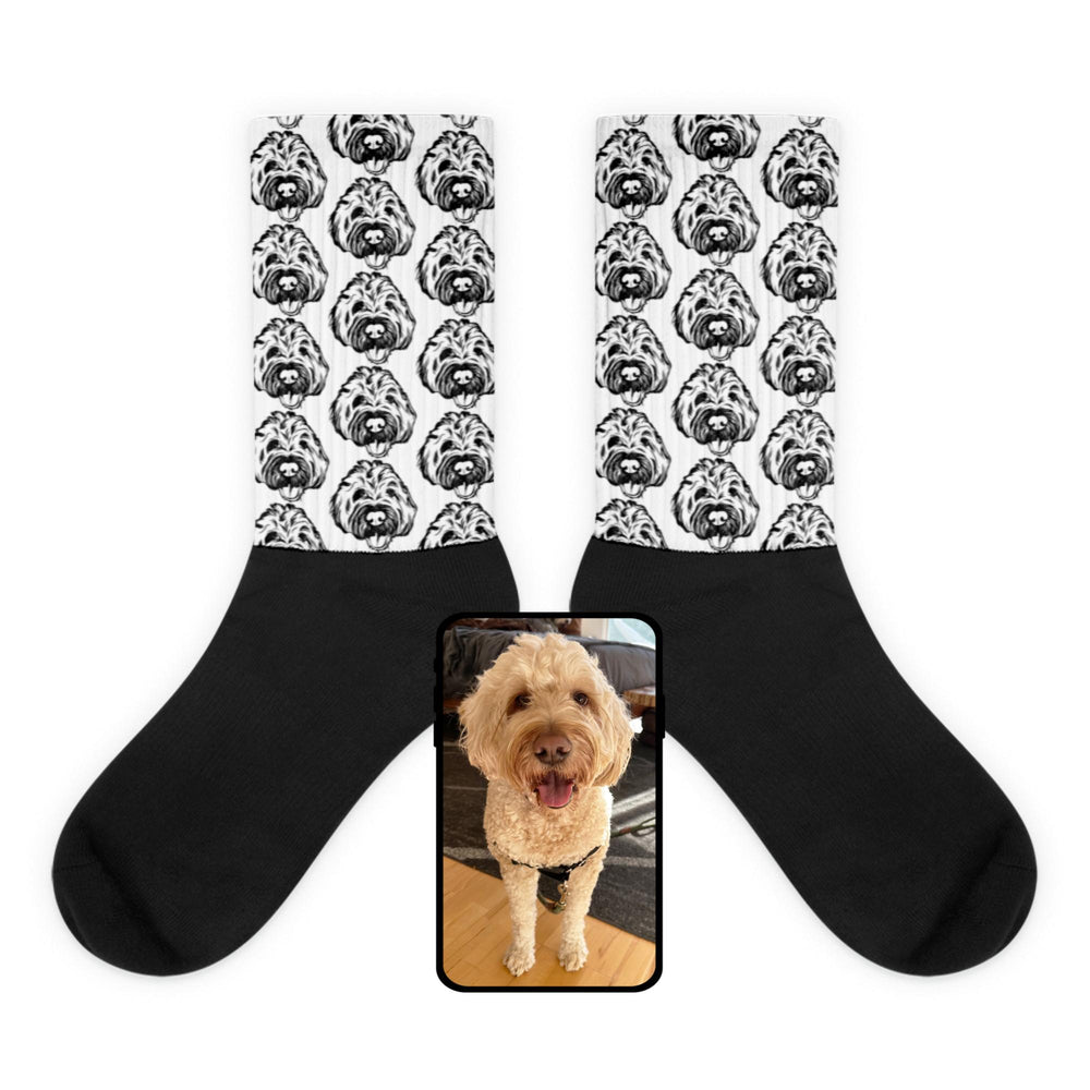 Face-pattern crew socks with a repeating pet portrait, black feet and the original dog photo.