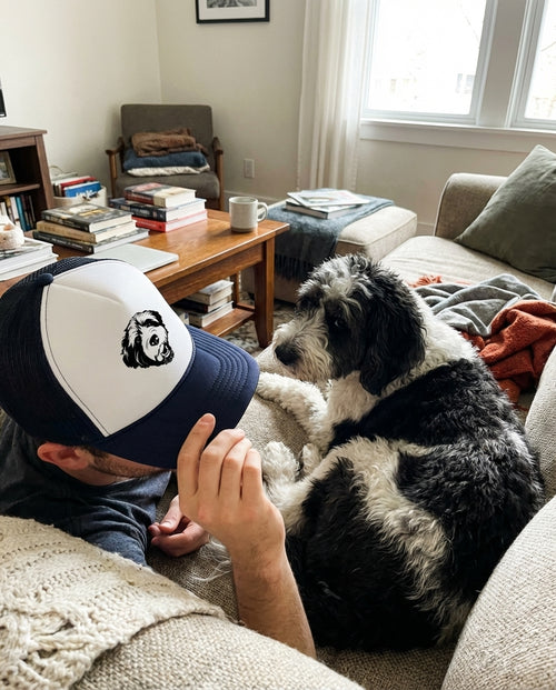 Custom Foam Trucker Hat - Printed Dog Face Line Art featuring a custom pet portrait