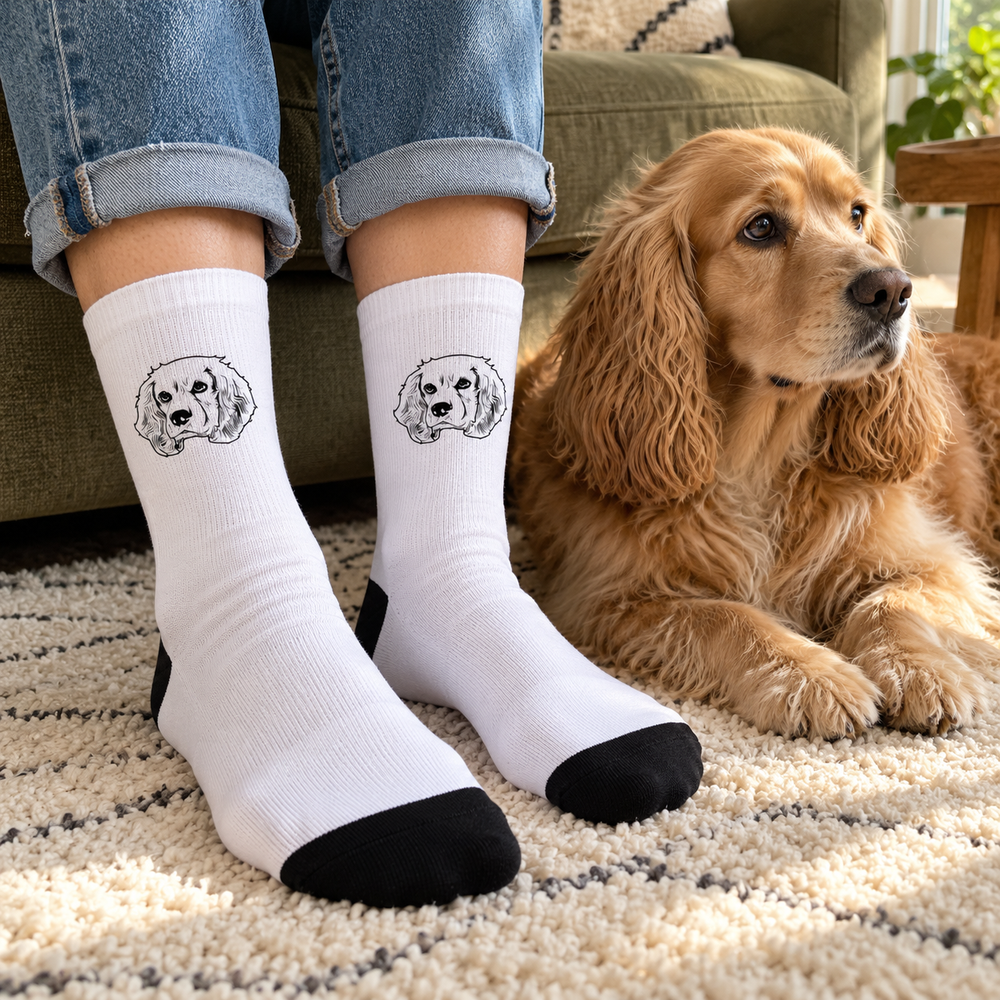 Single-portrait white crew socks with one spaniel portrait on each sock and black heels and toes.