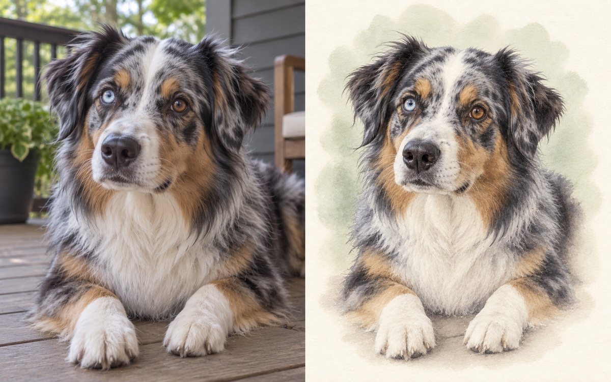 Australian shepherd photo beside a matching AI-created watercolor dog portrait