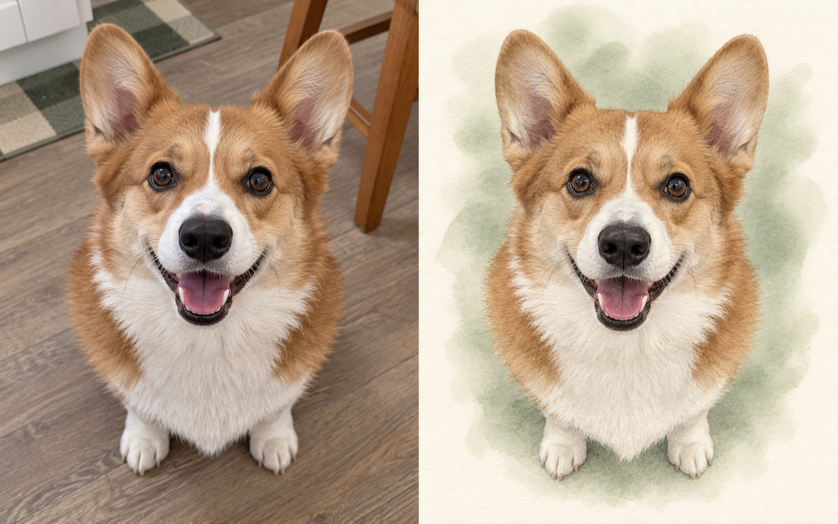 Corgi photo beside a matching AI-created watercolor dog portrait