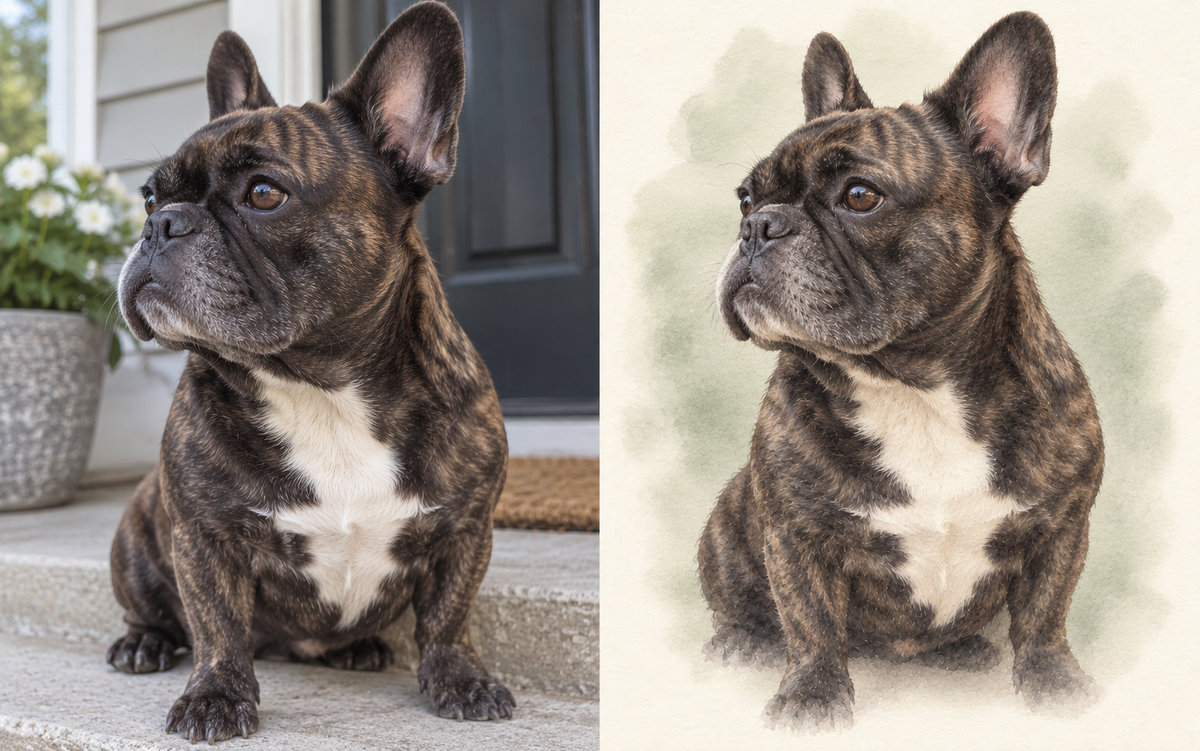 French bulldog photo beside a matching AI-created watercolor dog portrait