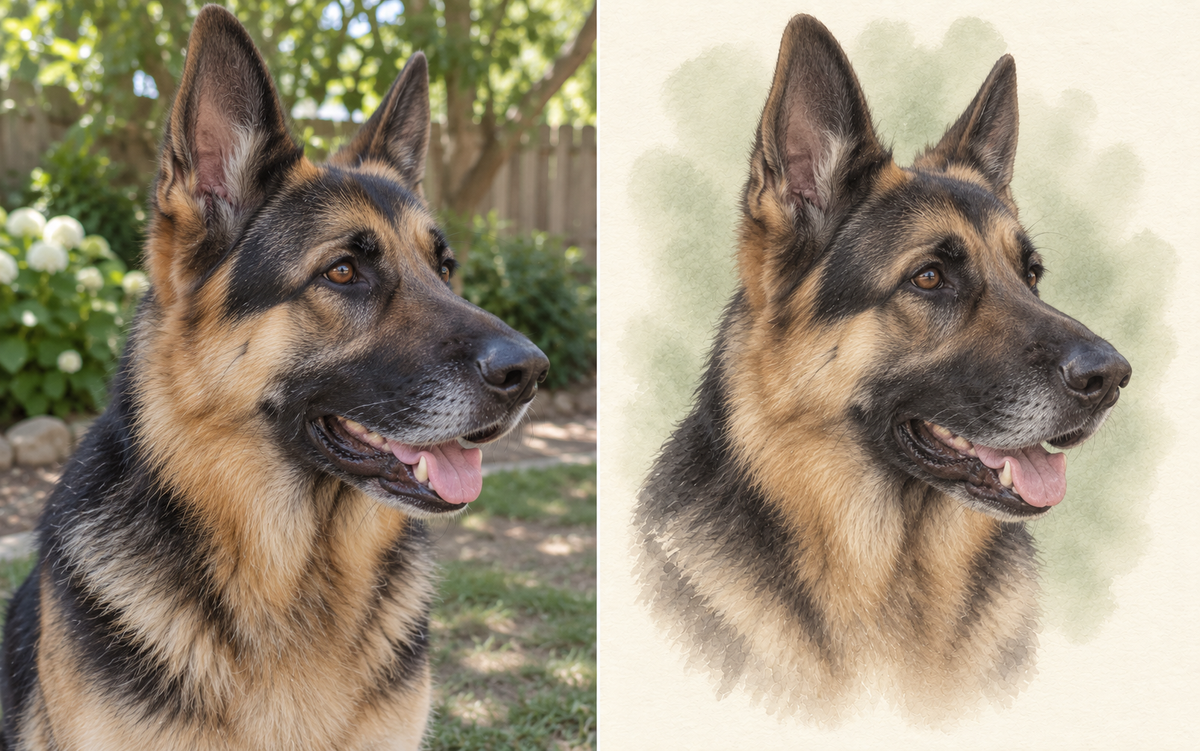 German shepherd photo beside a matching AI-created watercolor dog portrait