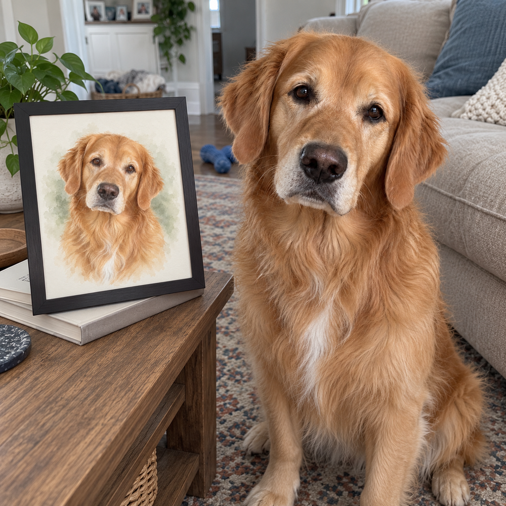 Golden retriever beside a black-framed example of Dilly’s AI-created watercolor dog portrait