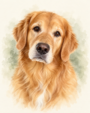 Watercolor-style detail of a golden retriever portrait with a soft ivory background