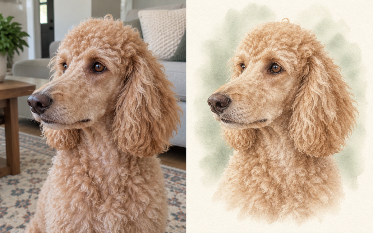 Apricot poodle photo beside a matching AI-created watercolor dog portrait