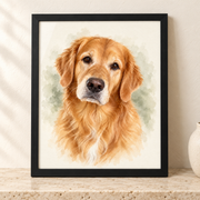 Golden retriever watercolor-style portrait in a black wood frame