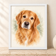 Golden retriever watercolor-style portrait in a white wood frame