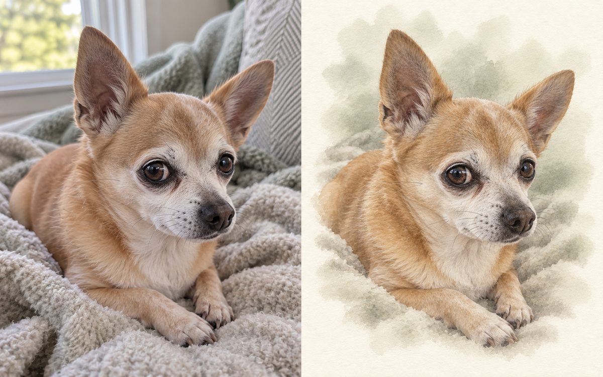 Senior Chihuahua photo beside a matching AI-created watercolor dog portrait