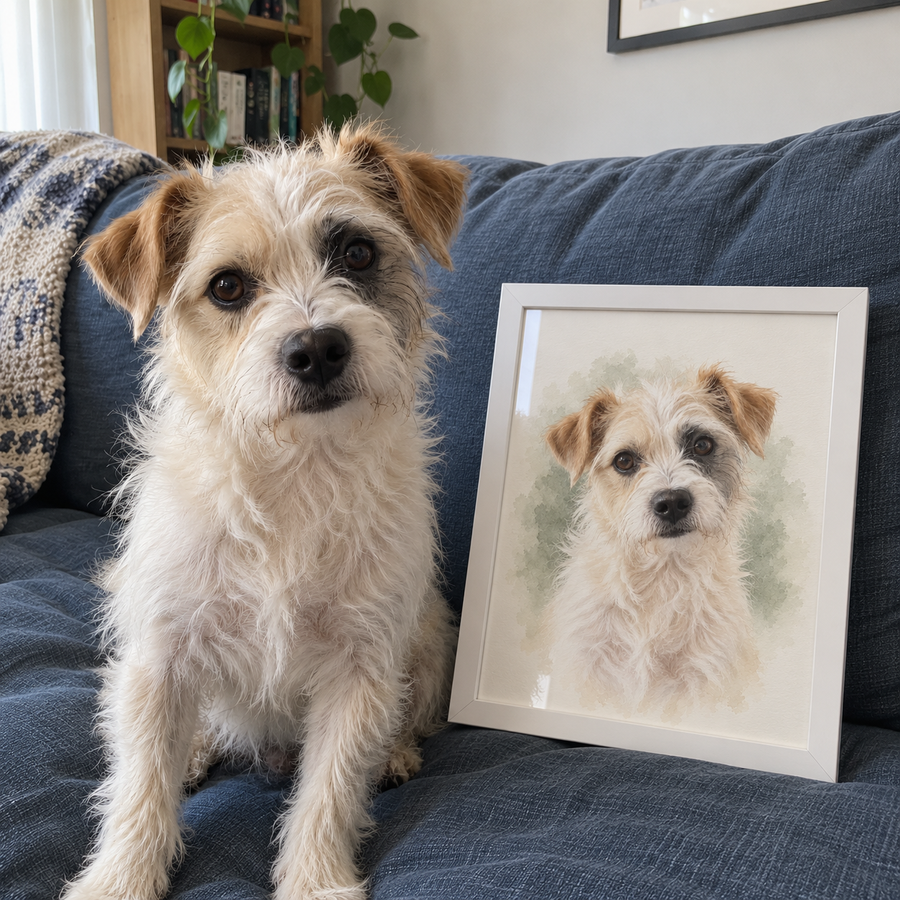 Scruffy terrier beside a white-framed watercolor-style portrait