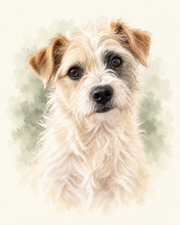 Watercolor-style portrait of a cream terrier with tan ears and a dark eye patch