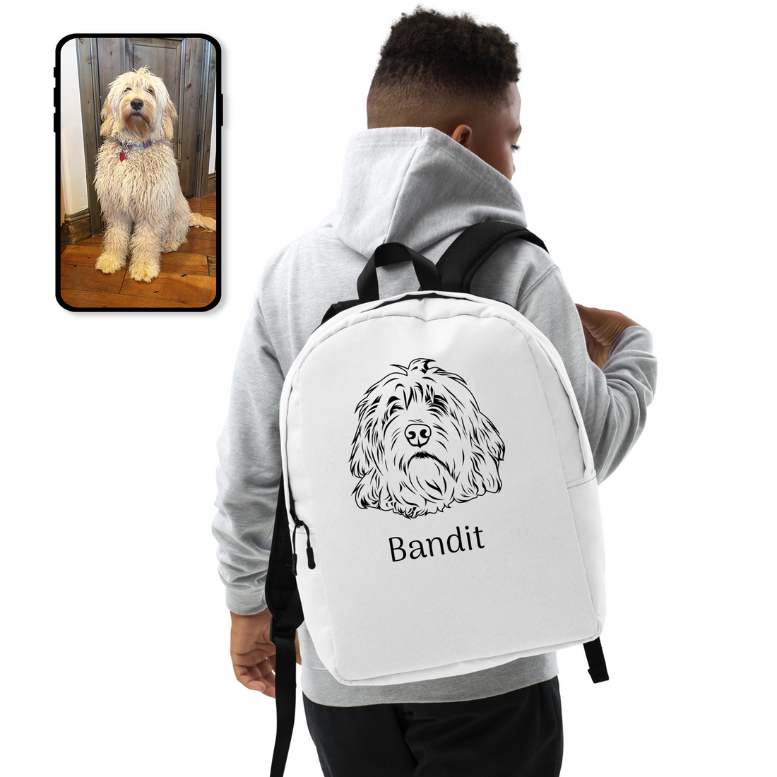 White backpack with custom pet line art - personalized dog face minimalist travel bag