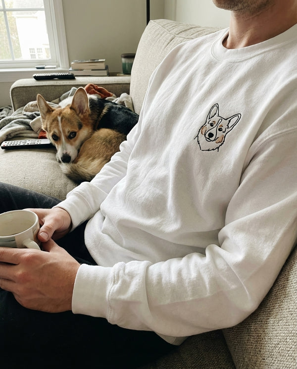 Embroidered Crew Neck Sweatshirt Custom Line Art with a custom pet portrait on the left chest