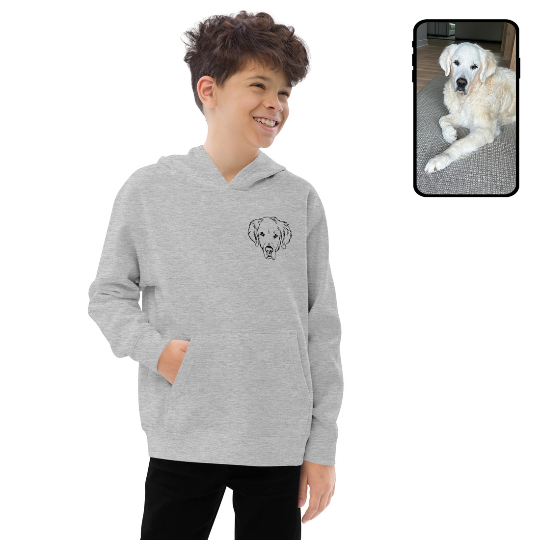 Sweat-shirt à capuche en polaire pour enfants | Dessin au trait de visage de chien personnalisé