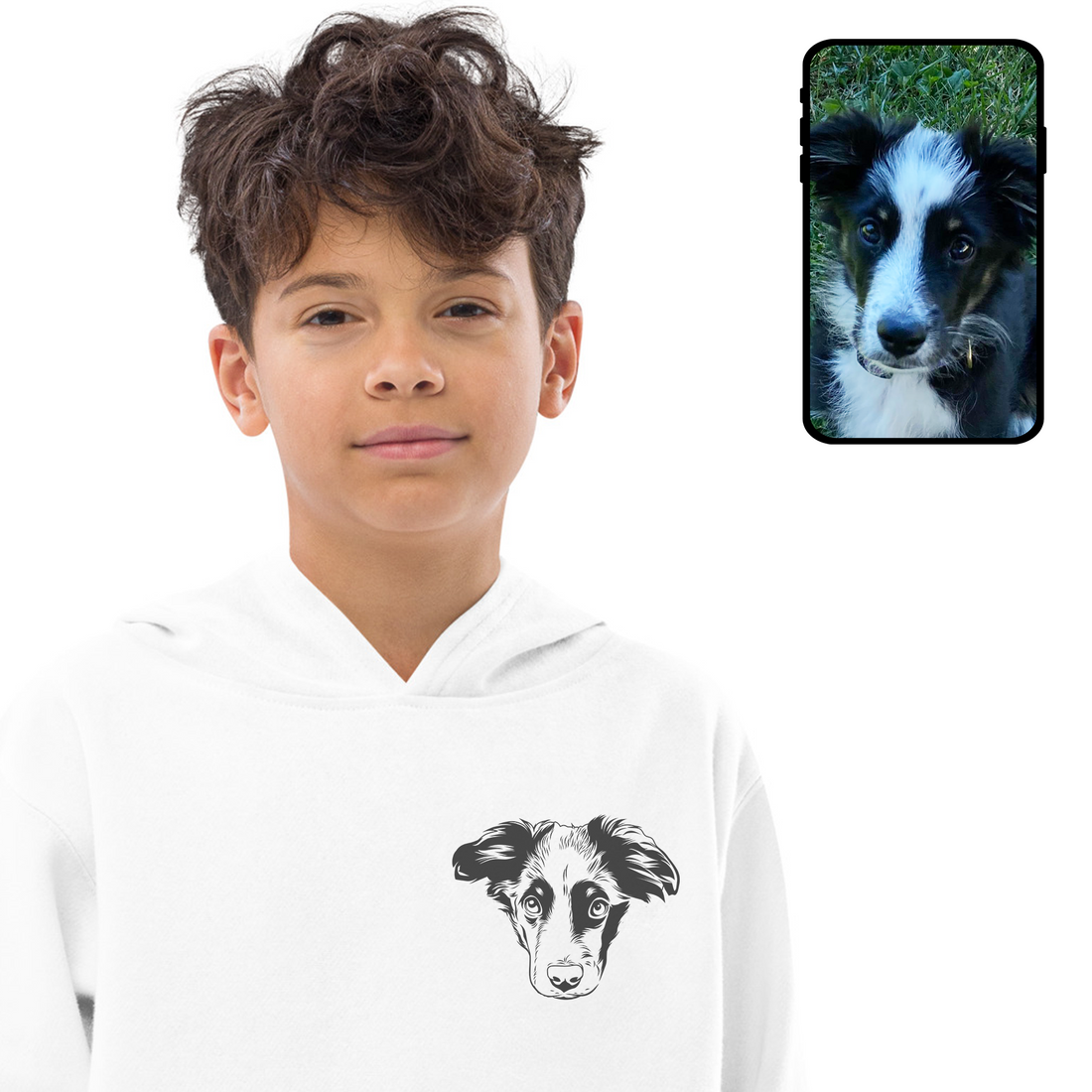 Sweat-shirt à capuche en polaire pour enfants | Dessin au trait de visage de chien personnalisé