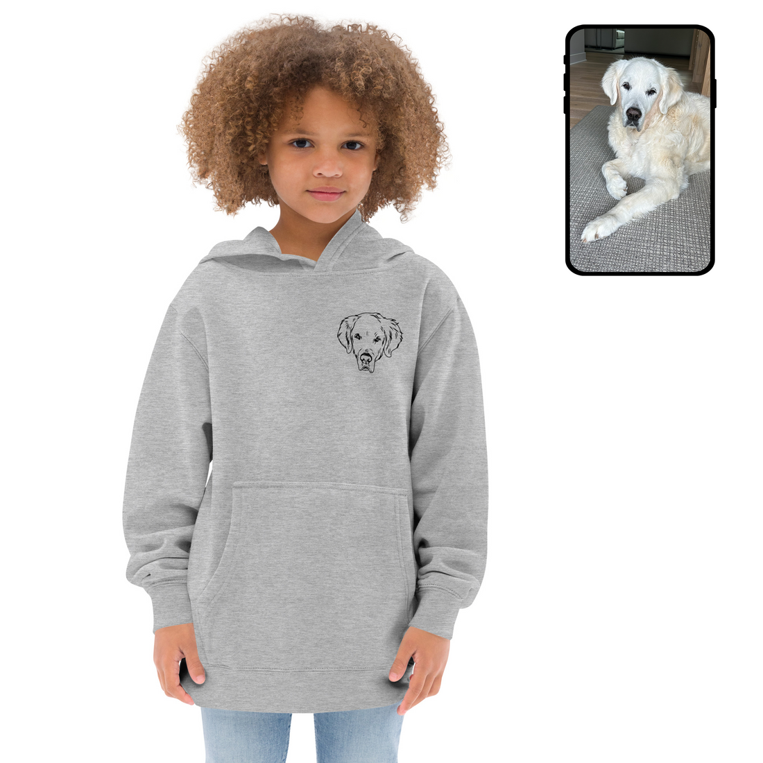 Sweat-shirt à capuche en polaire pour enfants | Dessin au trait de visage de chien personnalisé