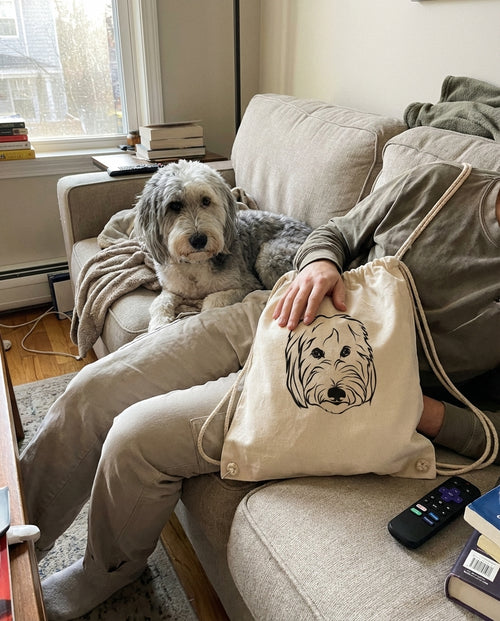 Drawstring Track Bag Drawn from Your Pet's Face featuring a custom pet portrait