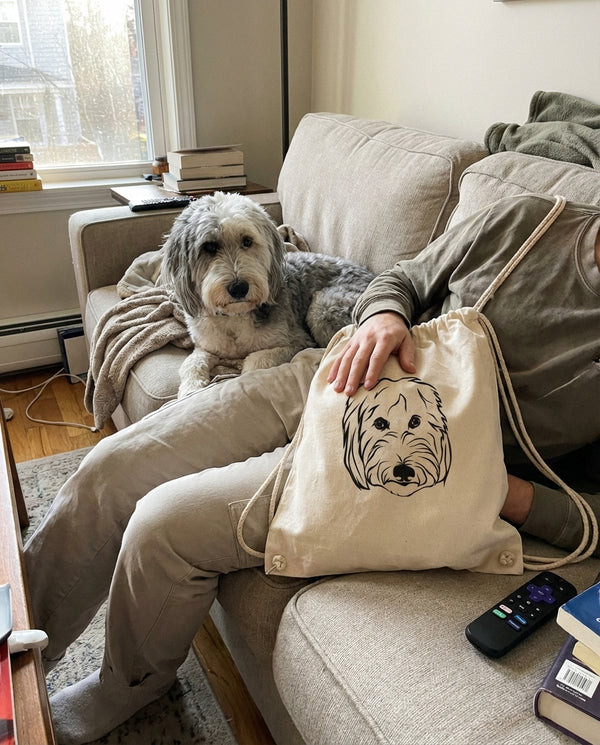 Drawstring Track Bag Drawn from Your Pet's Face featuring a custom pet portrait