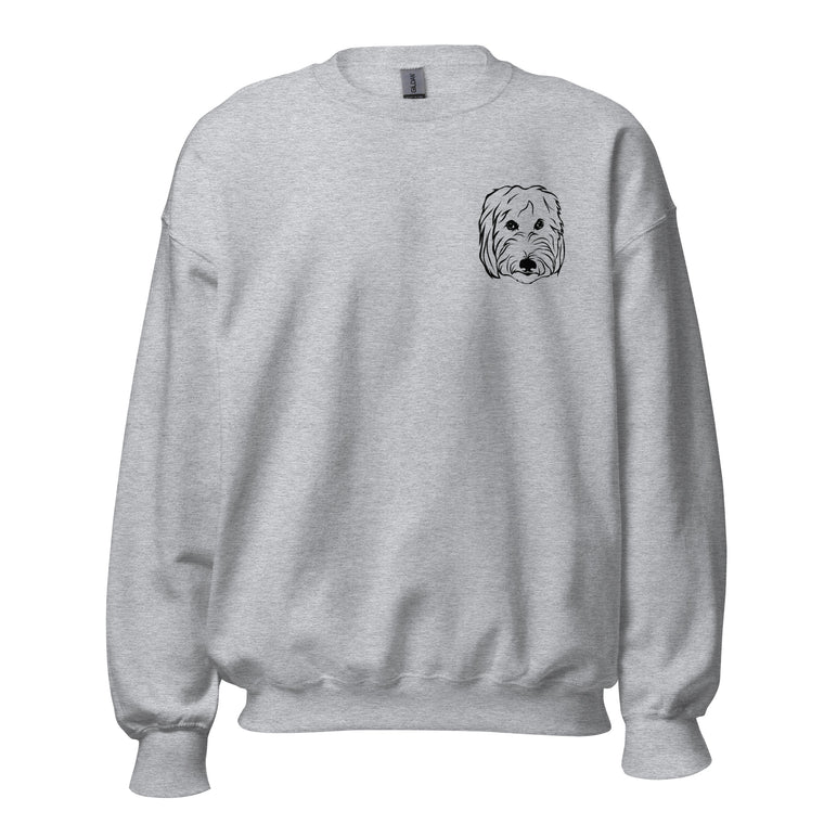 Grey crewneck sweatshirt mockup with a printed dog line-art portrait