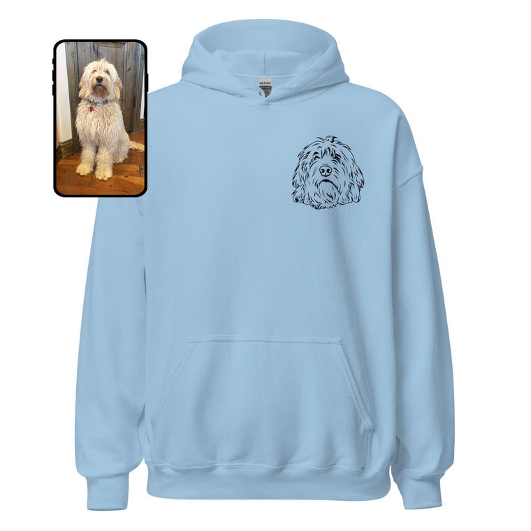 Light blue pet portrait hoodie mockup beside the source dog photo