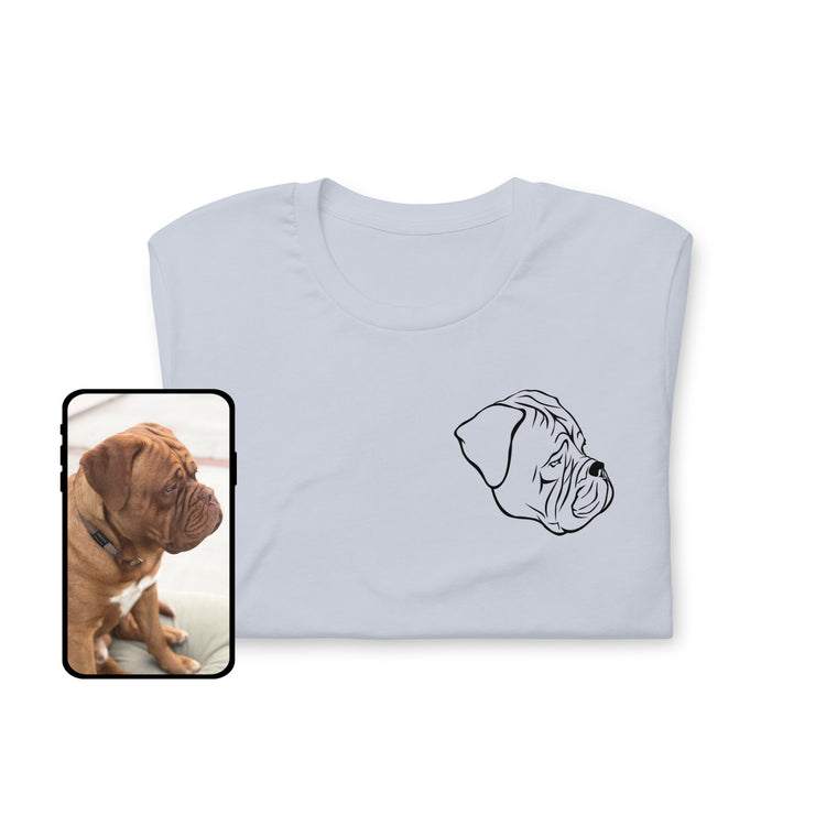 Light blue pet portrait T-shirt mockup beside the source dog photo