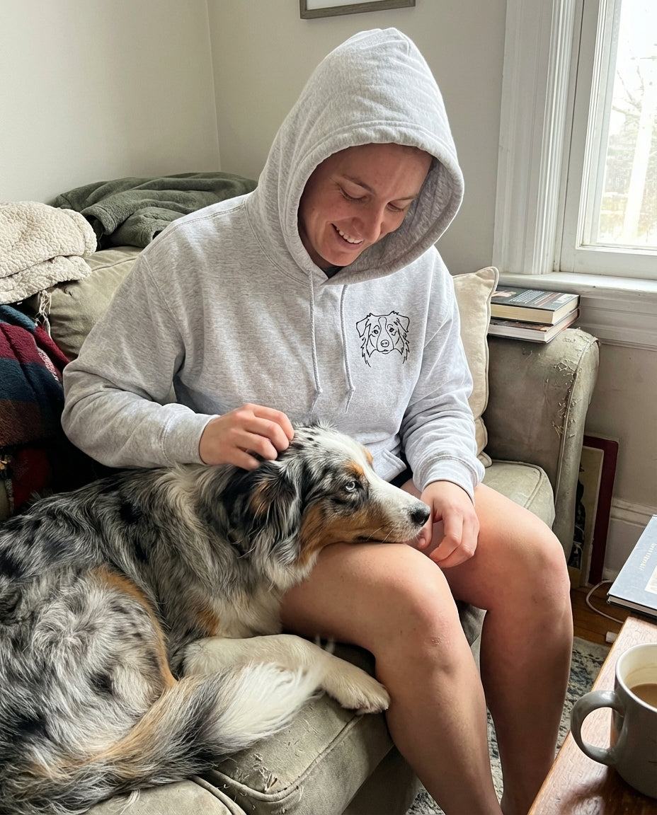 Dilly grey pet hoodie product illustration with a dog portrait on the left chest