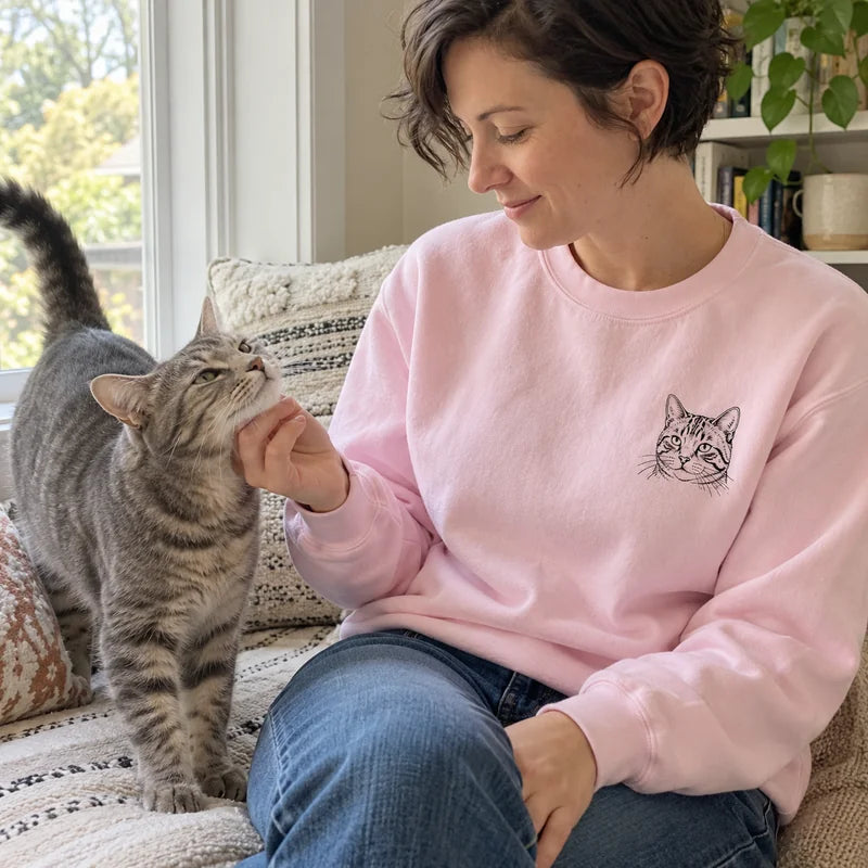 Light Pink crewneck with a tabby cat line-art portrait on the left chest, worn beside a tabby cat