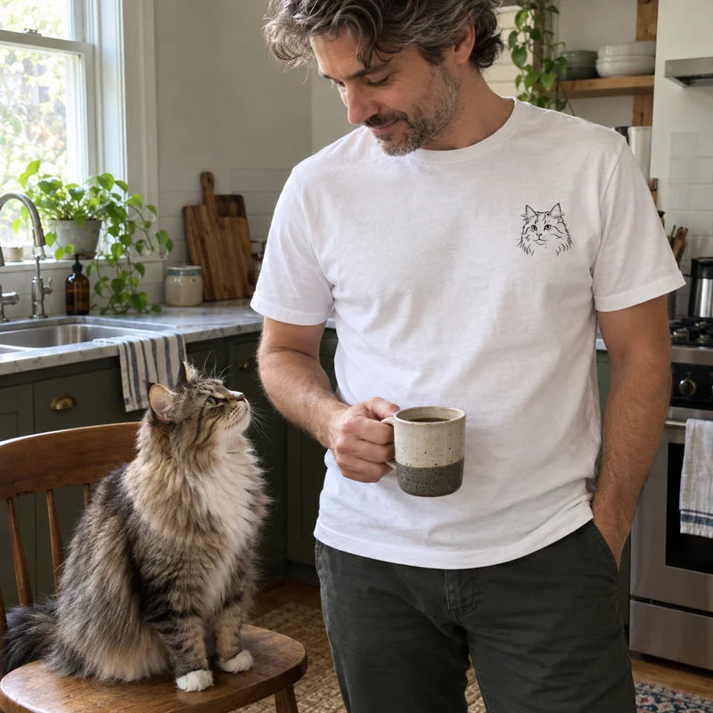 White short-sleeve T-shirt with a long-haired cat portrait on the left chest, worn beside a cat in a kitchen