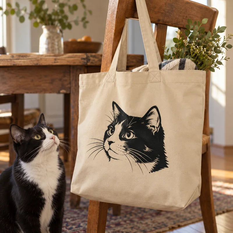 Natural cotton tote with a black tuxedo-cat portrait, hanging on a wooden chair beside a tuxedo cat