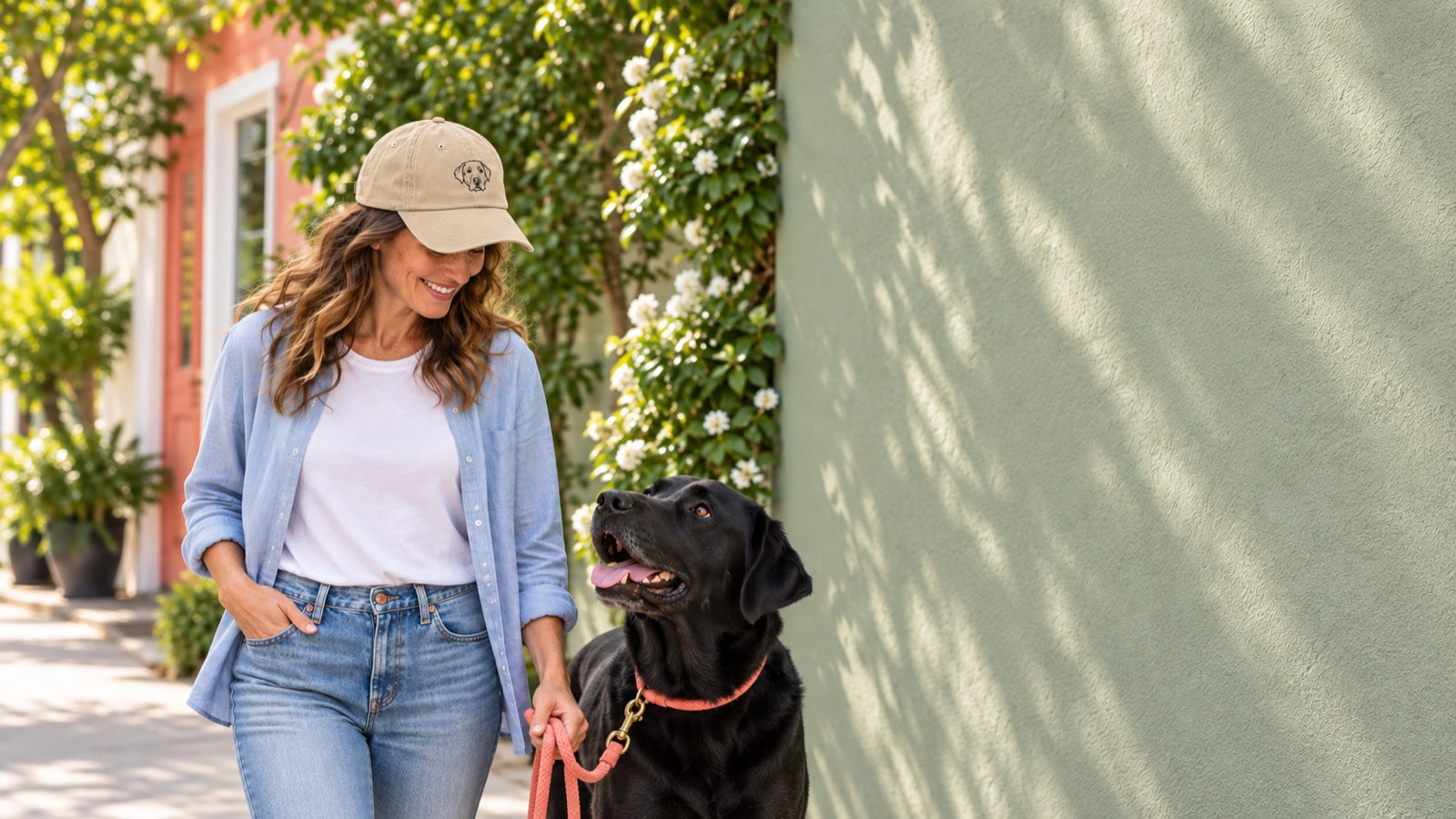A stone custom dog-portrait hat worn on a walk with the black Labrador whose face it features