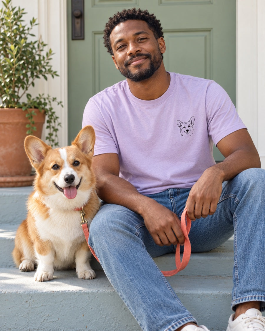 Lilac custom pet T-shirt worn beside the corgi whose portrait is on the chest