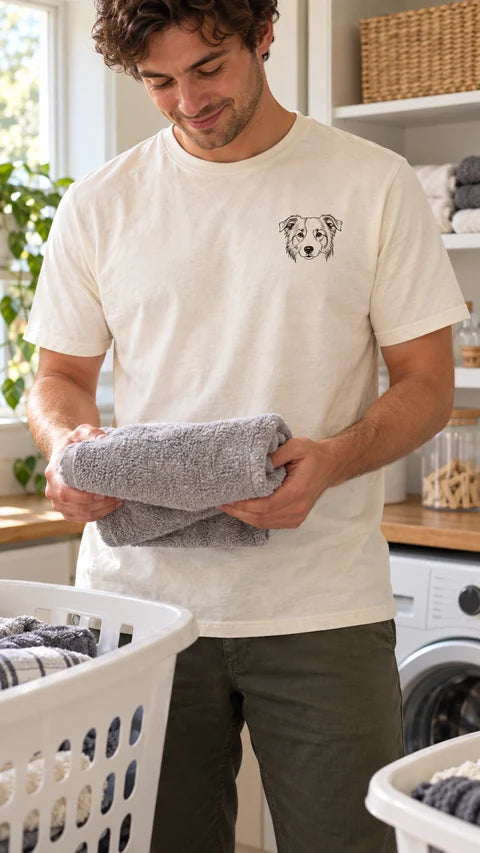 Soft cream custom pet T-shirt with a border collie line-art portrait, worn while folding laundry