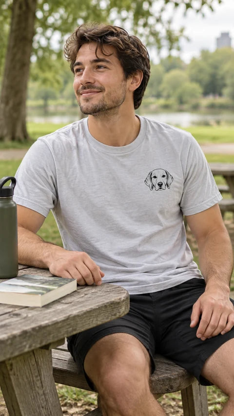 Athletic heather custom pet T-shirt with a beagle line-art portrait, worn by a man at a park table