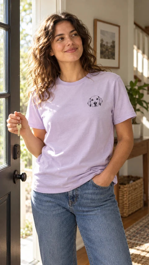 Lilac custom pet T-shirt with a beagle line-art portrait on the left chest, worn by a woman at the door