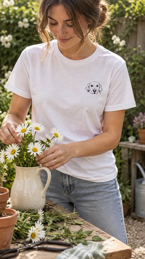 White custom pet T-shirt with a dachshund line-art portrait, worn while arranging flowers