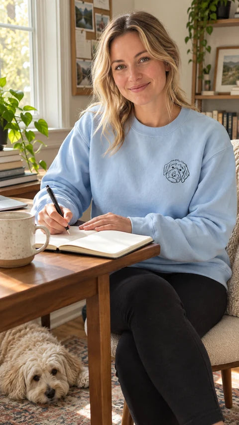 Light blue custom pet crewneck sweatshirt with a doodle line-art portrait, worn at a desk with a dog resting below