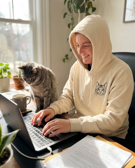 Person wearing a custom cat portrait hoodie while sitting beside their cat