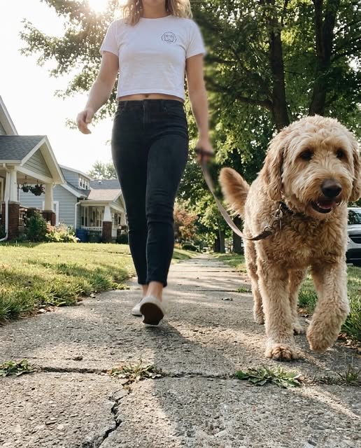 Person wearing a white custom dog portrait crop T-shirt while walking with their dog
